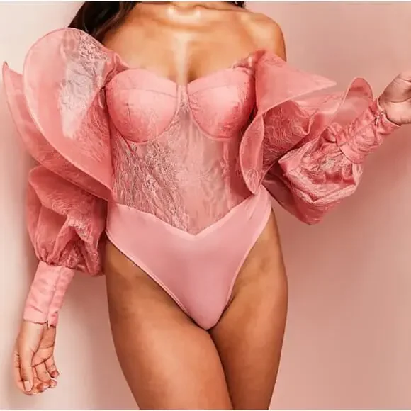 NEW ASOS LUXE lace bodysuit with wire bardot in blush ~ - Picture 3 of 11